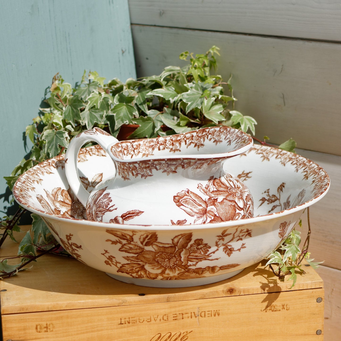 1890s ~ "EGLANTINE" Medailles D'Or Faiencerie de GIEN ~ French Antique Collectible Ironstone Brown Transferware Bathroom Set ~ Pitcher "BROC" & Basin "CUVETTE" ~ Terre de fer