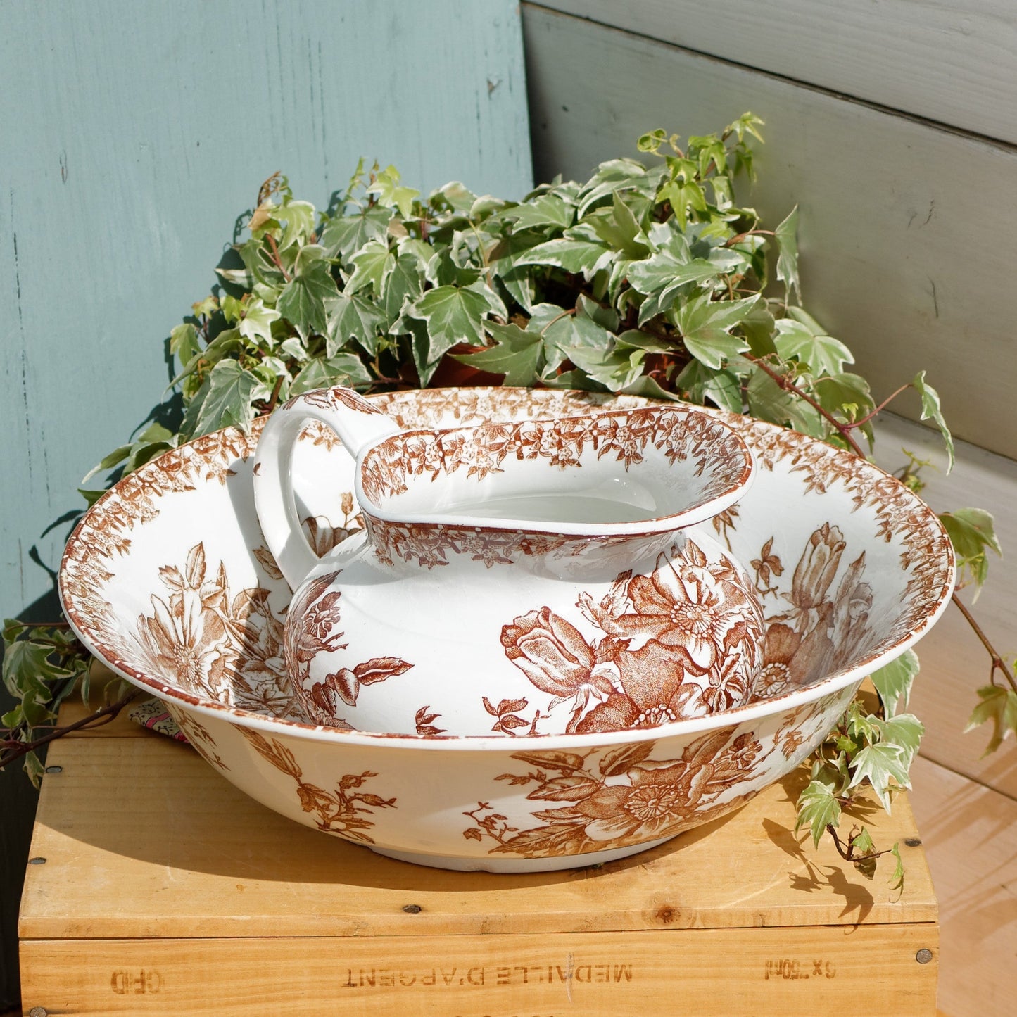 1890s ~ "EGLANTINE" Medailles D'Or Faiencerie de GIEN ~ French Antique Collectible Ironstone Brown Transferware Bathroom Set ~ Pitcher "BROC" & Basin "CUVETTE" ~ Terre de fer