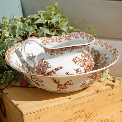 1890s ~ "EGLANTINE" Medailles D'Or Faiencerie de GIEN ~ French Antique Collectible Ironstone Brown Transferware Bathroom Set ~ Pitcher "BROC" & Basin "CUVETTE" ~ Terre de fer