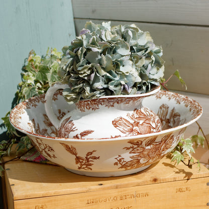 1890s ~ "EGLANTINE" Medailles D'Or Faiencerie de GIEN ~ French Antique Collectible Ironstone Brown Transferware Bathroom Set ~ Pitcher "BROC" & Basin "CUVETTE" ~ Terre de fer