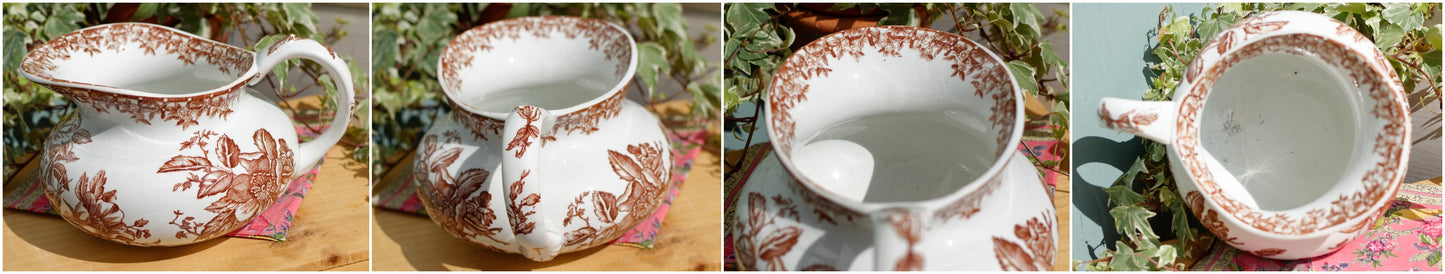 1890s ~ "EGLANTINE" Medailles D'Or Faiencerie de GIEN ~ French Antique Collectible Ironstone Brown Transferware Bathroom Set ~ Pitcher "BROC" & Basin "CUVETTE" ~ Terre de fer