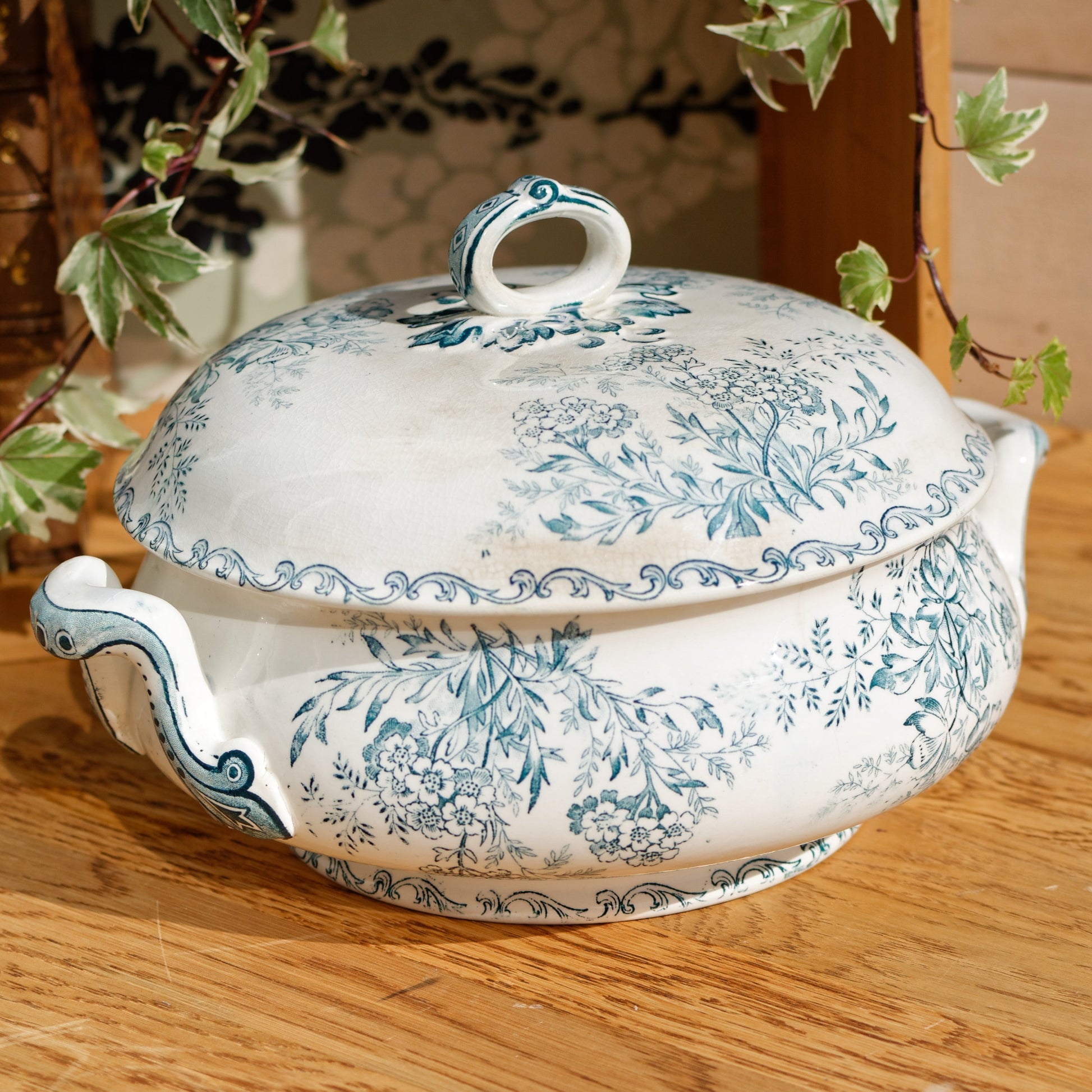 EGLANTINE L'EPARGNE TOULOUSE French Antique Ironstone Blue Transferware Soup Tureen Soupiere Terre de Fer en Faience