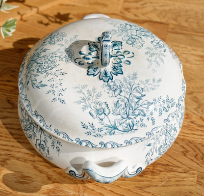 EGLANTINE L'EPARGNE TOULOUSE French Antique Ironstone Blue Transferware Soup Tureen Soupiere Terre de Fer en Faience