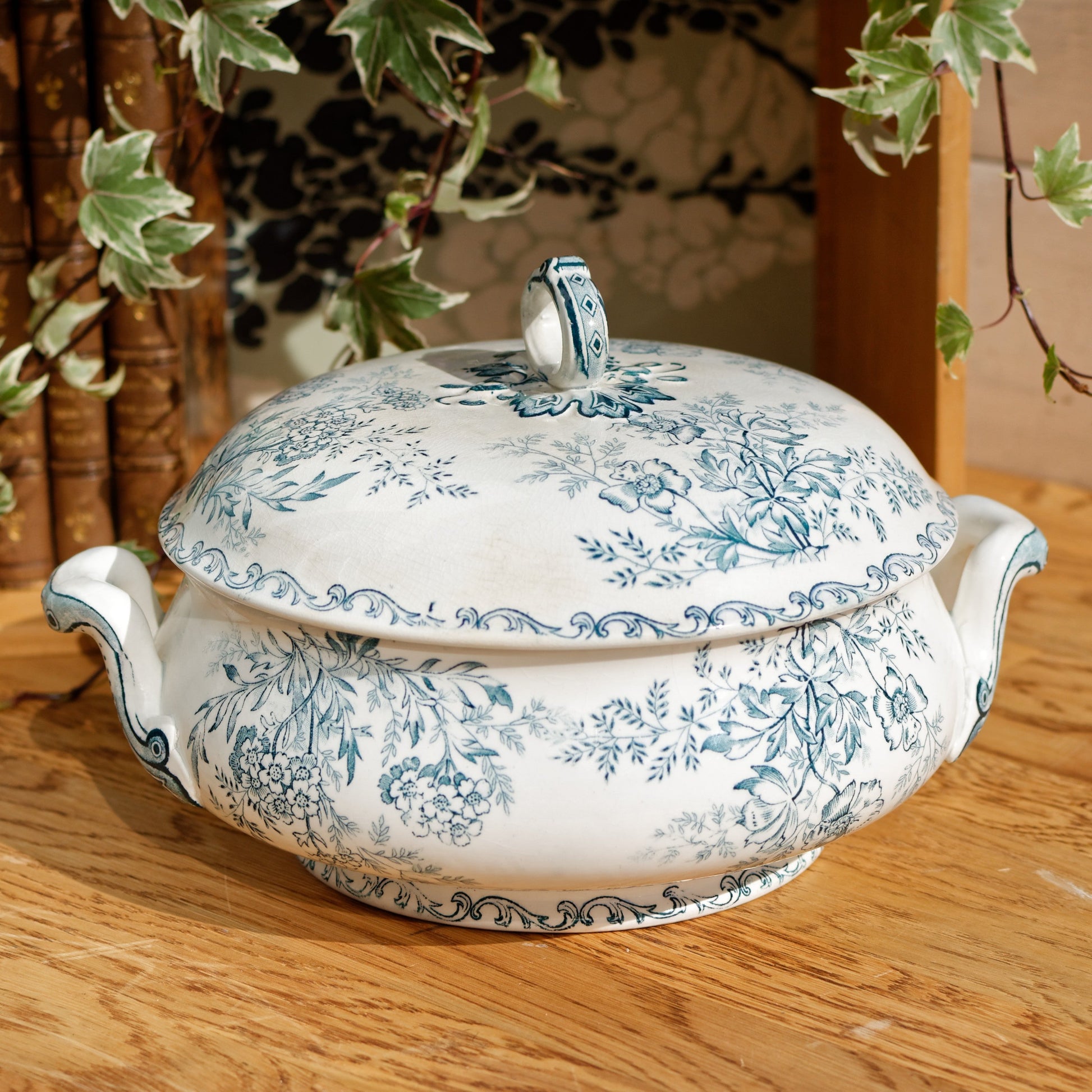 EGLANTINE L'EPARGNE TOULOUSE French Antique Ironstone Blue Transferware Soup Tureen Soupiere Terre de Fer en Faience