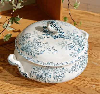 EGLANTINE L'EPARGNE TOULOUSE French Antique Ironstone Blue Transferware Soup Tureen Soupiere Terre de Fer en Faience