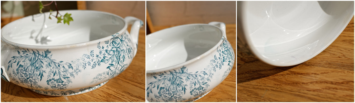 EGLANTINE L'EPARGNE TOULOUSE French Antique Ironstone Blue Transferware Soup Tureen Soupiere Terre de Fer en Faience