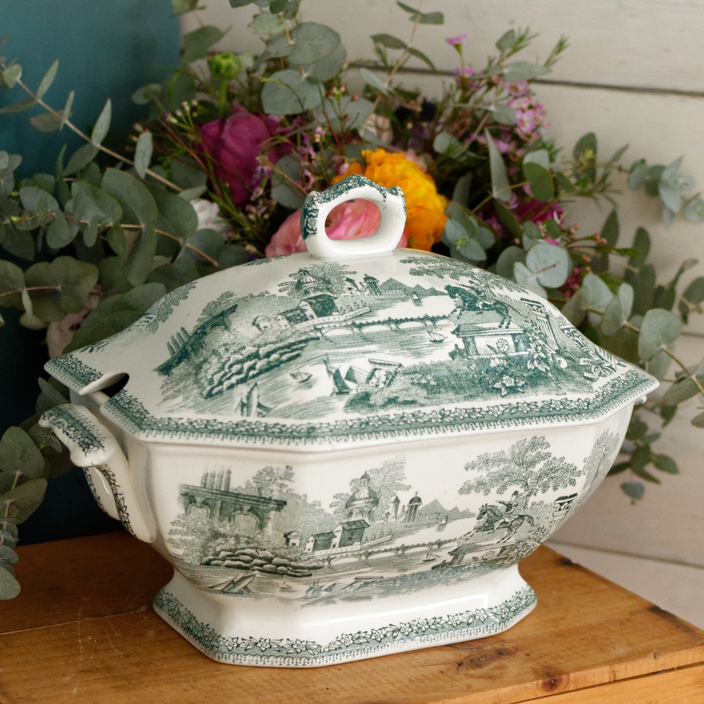 ESTATUA Sacavem Terrina Portuguese Antique Collectible Ironstone Green Transferware Soup Tureen Legumiere