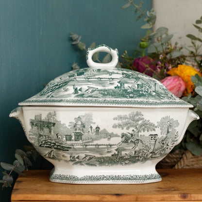 ESTATUA Sacavem Terrina Portuguese Antique Collectible Ironstone Green Transferware Soup Tureen Legumiere