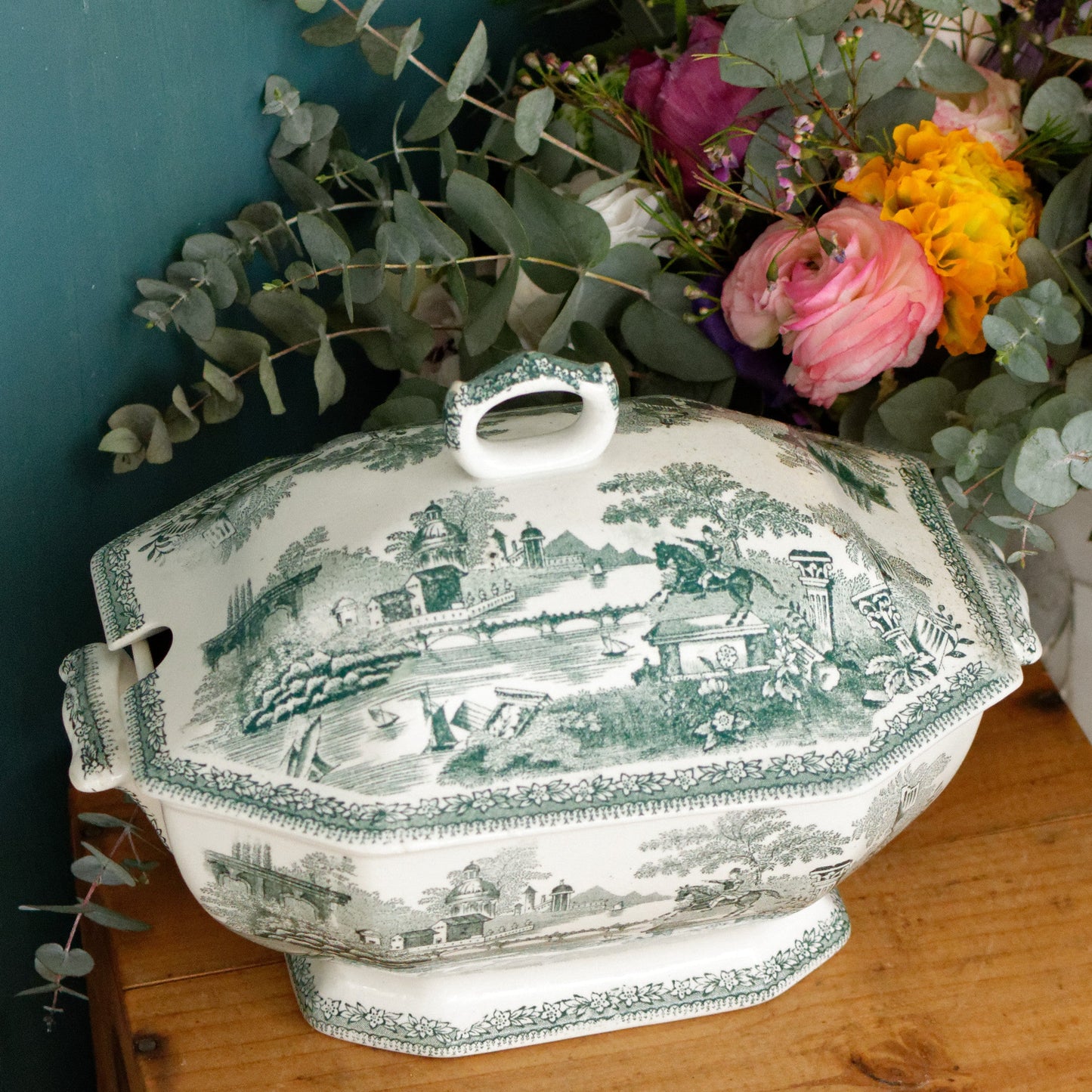 ESTATUA Sacavem Terrina Portuguese Antique Collectible Ironstone Green Transferware Soup Tureen Legumiere
