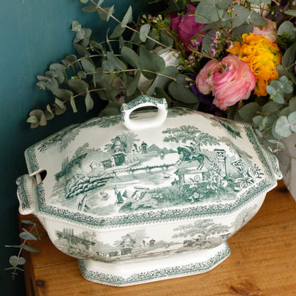 ESTATUA Sacavem Terrina Portuguese Antique Collectible Ironstone Green Transferware Soup Tureen Legumiere