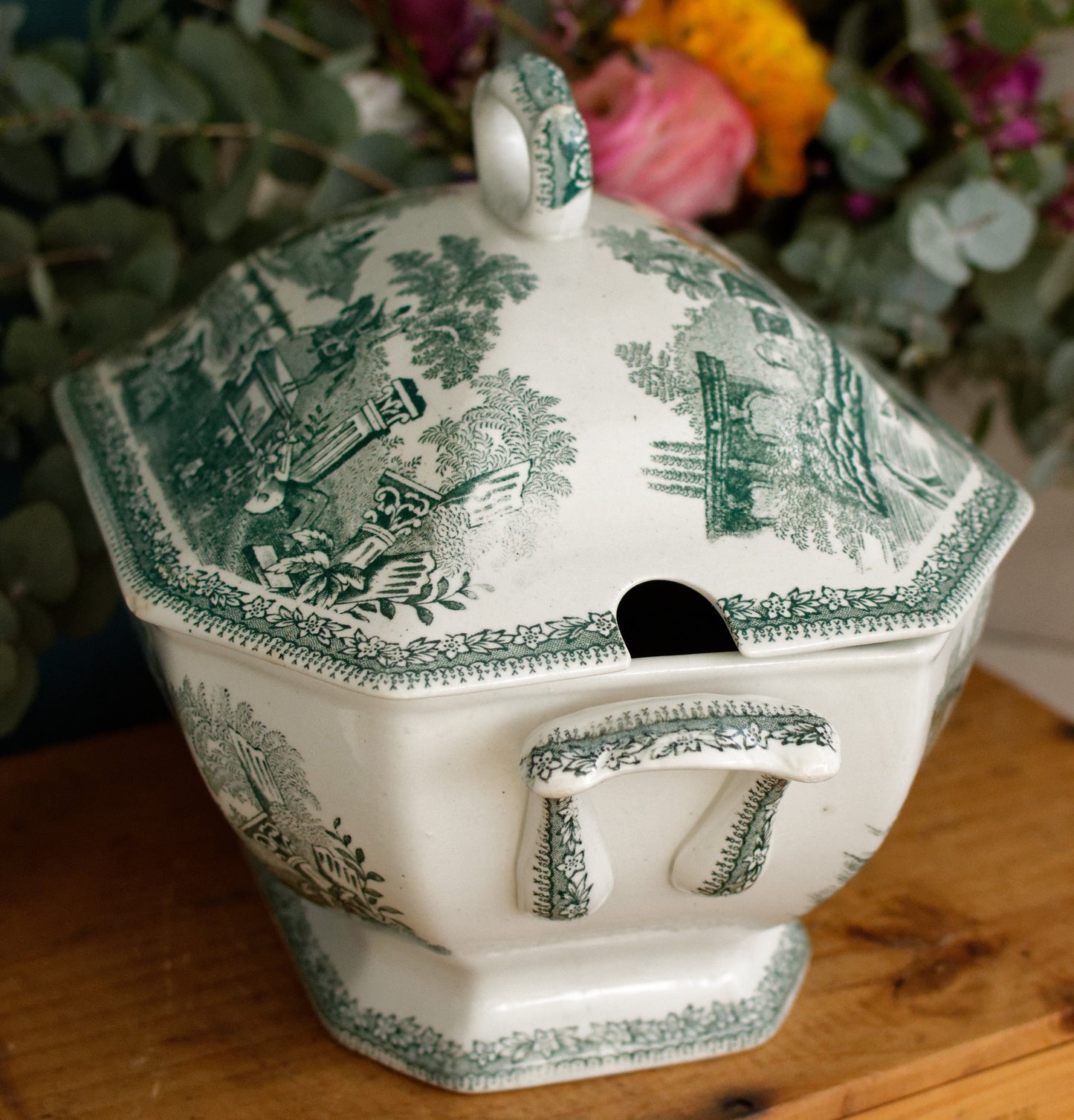 ESTATUA Sacavem Terrina Portuguese Antique Collectible Ironstone Green Transferware Soup Tureen Legumiere