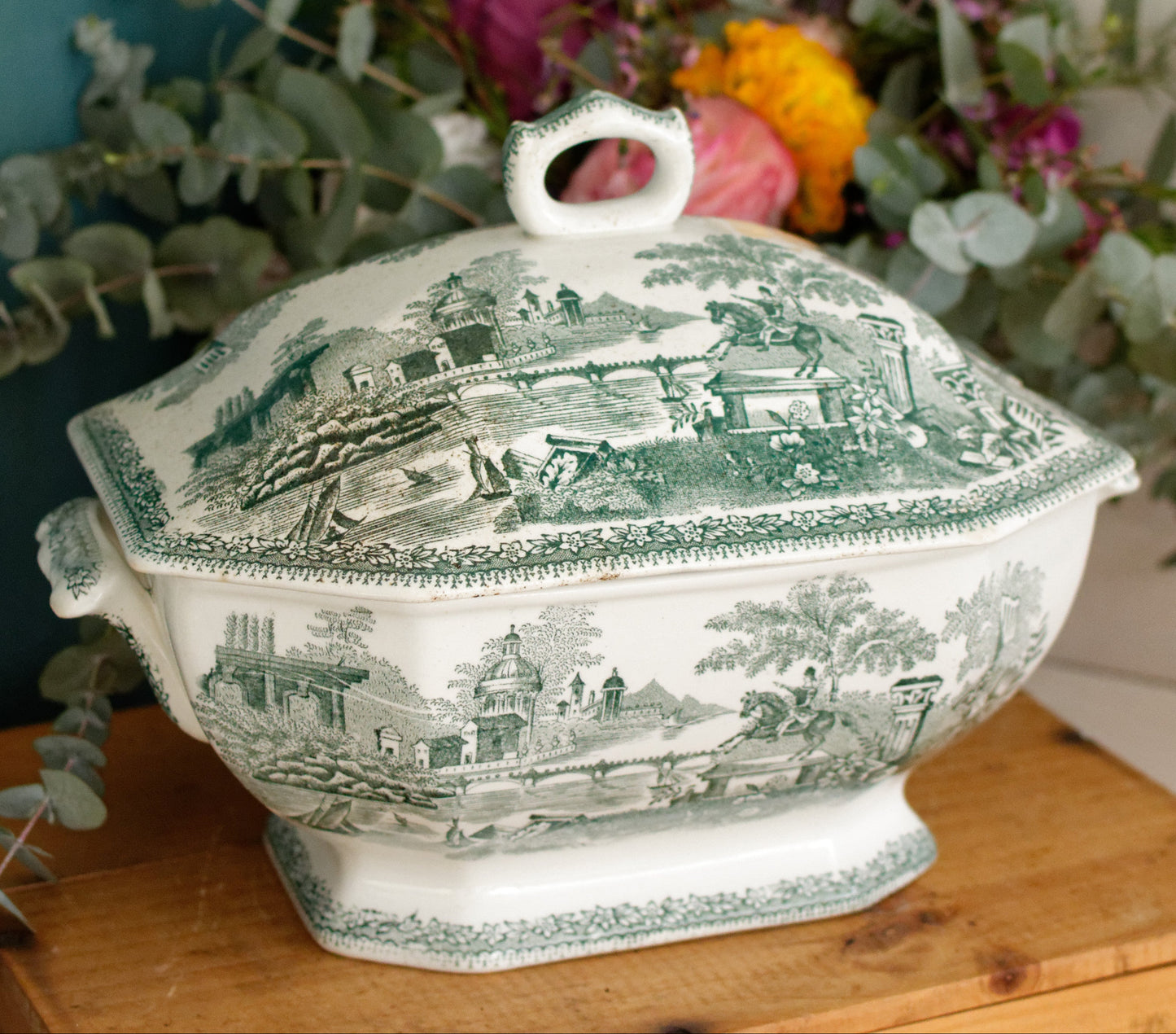 ESTATUA Sacavem Terrina Portuguese Antique Collectible Ironstone Green Transferware Soup Tureen Legumiere