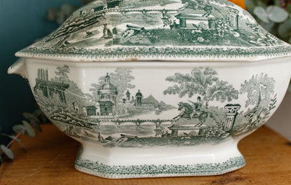 ESTATUA Sacavem Terrina Portuguese Antique Collectible Ironstone Green Transferware Soup Tureen Legumiere