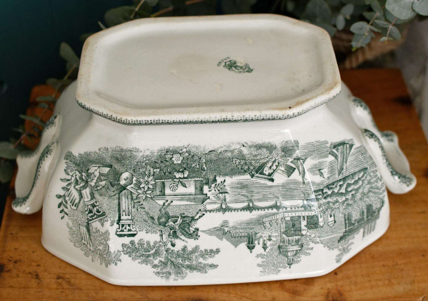 ESTATUA Sacavem Terrina Portuguese Antique Collectible Ironstone Green Transferware Soup Tureen Legumiere