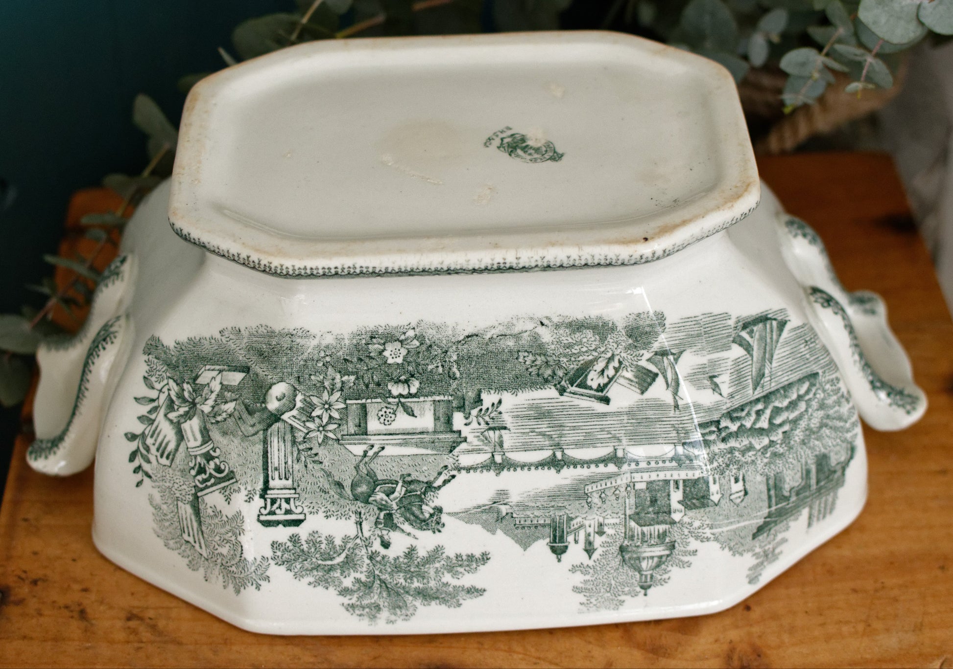 ESTATUA Sacavem Terrina Portuguese Antique Collectible Ironstone Green Transferware Soup Tureen Legumiere