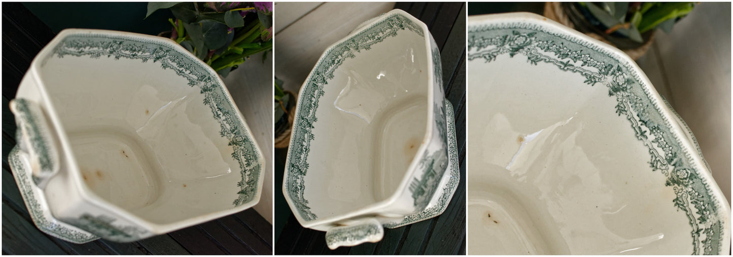 Soupière Couverte en Faïence Fine (Ironstone) à Décor Imprimé Vert, Collection Ancienne