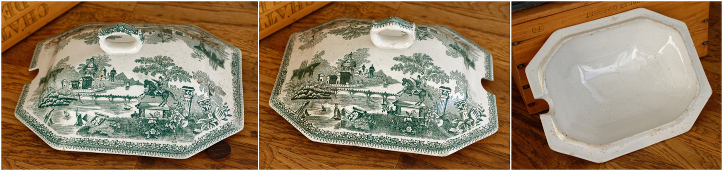 Soupière Couverte en Faïence Fine (Ironstone) à Décor Imprimé Vert, Collection Ancienne
