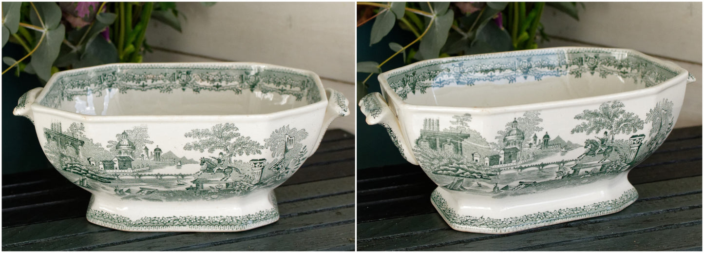 Soupière Couverte en Faïence Fine (Ironstone) à Décor Imprimé Vert, Collection Ancienne