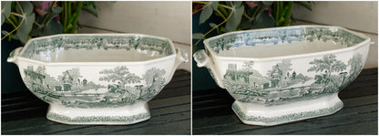 Soupière Couverte en Faïence Fine (Ironstone) à Décor Imprimé Vert, Collection Ancienne
