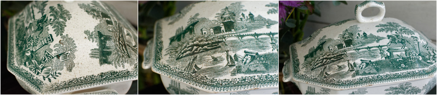 Soupière Couverte en Faïence Fine (Ironstone) à Décor Imprimé Vert, Collection Ancienne