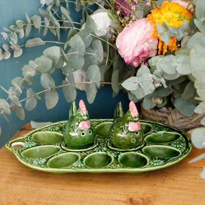 Vintage Ceramic Deviled Eggs Presentation Platter Plate & Chicken Shaped Salt & Pepper Shakers Plateau de presentation Oeufs Dur Mimosa a la Coque Saliere et Poivriere" Green Serving Set