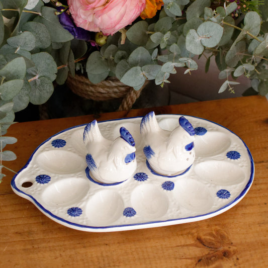 French Vintage Ironstone Presentation Platter for Eggs w/ Matching Salt & Pepper Shakers Plateau de presentation Oeufs Deviled Eggs White & Blue Serving Set
