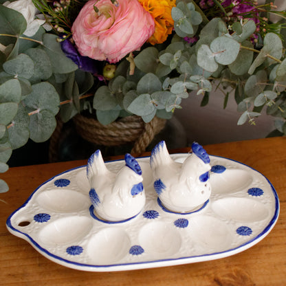 French Vintage Ironstone Presentation Platter for Eggs w/ Matching Salt & Pepper Shakers Plateau de presentation Oeufs Deviled Eggs White & Blue Serving Set