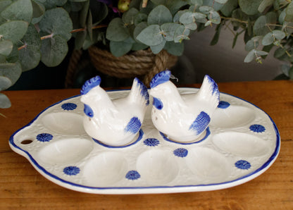 Vintage Ceramic Deviled Eggs Presentation Platter Plate & Chicken Shaped Salt & Pepper Shakers ~ Plateau de presentation Oeufs Dur Mimosa Saliere et Poivriere" ~ White & Blue Serving Set