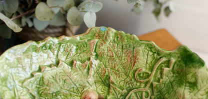 French Vintage Barbotine Majolica Style Fruit Drainer Strainer Colander Eqouttoir a Fruits en barbotine Egouttoir A Fruits Avec Son Assiette En Barbotine Decor Raisin Et Feulles.