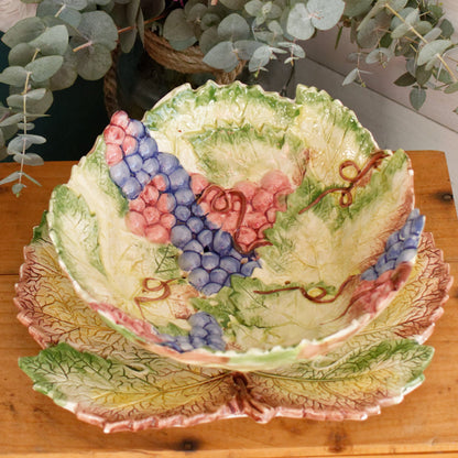 1950s French Vintage BARBOTINE Majolica Fruit Grapes & Vines Drainer Strainer Colander w/ Leave shaped Plate Egouttoir à Fruits