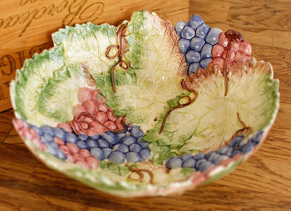 1950s French Vintage BARBOTINE Majolica Fruit Grapes & Vines Drainer Strainer Colander w/ Leave shaped Plate Egouttoir à Fruits