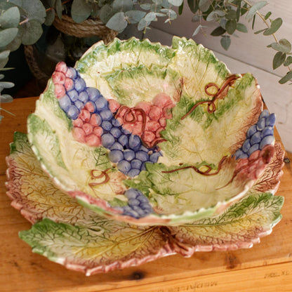 1950s French Vintage BARBOTINE Majolica Fruit Grapes & Vines Drainer Strainer Colander w/ Leave shaped Plate Egouttoir à Fruits