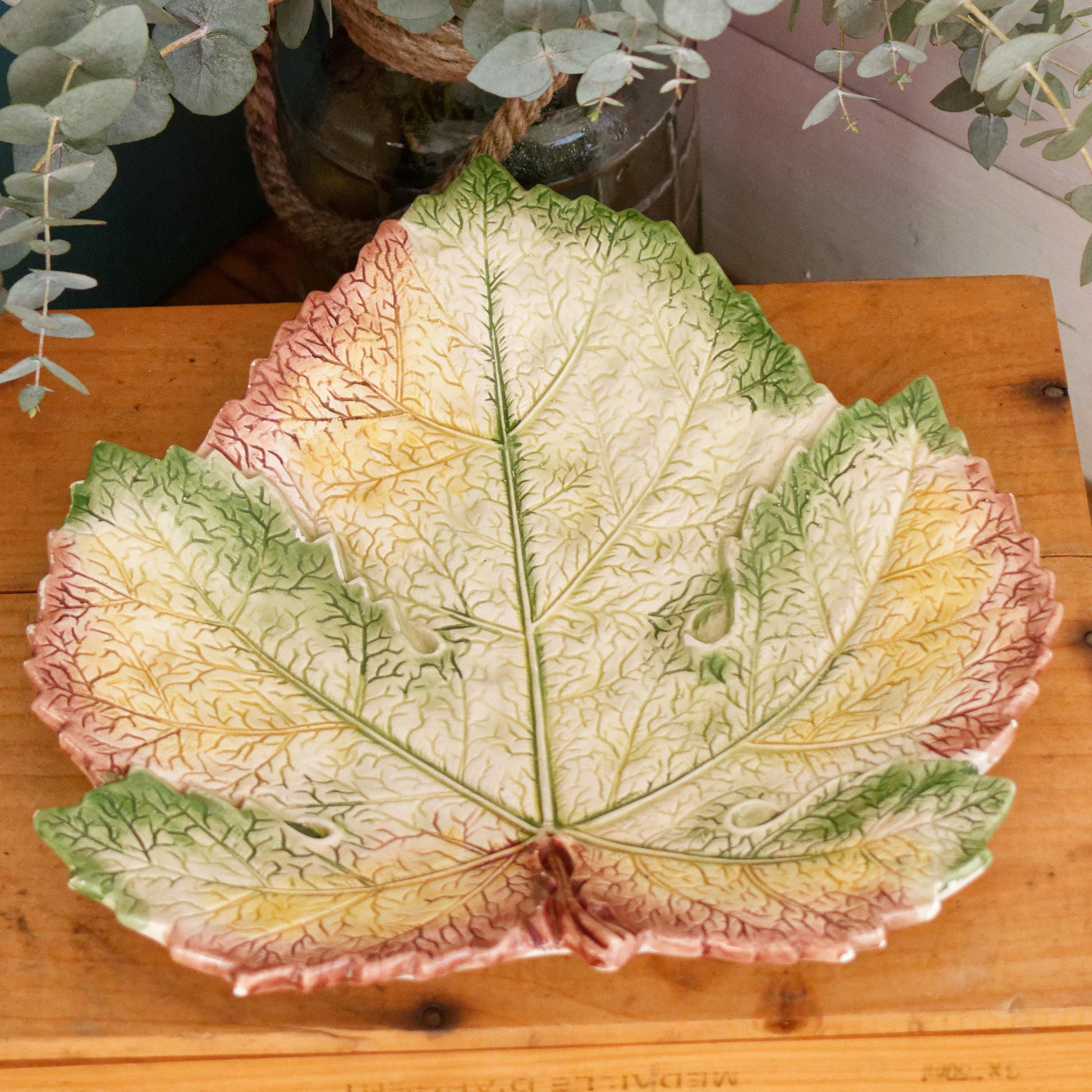 1950s French Vintage BARBOTINE Majolica Fruit Grapes & Vines Drainer Strainer Colander w/ Leave shaped Plate Egouttoir à Fruits