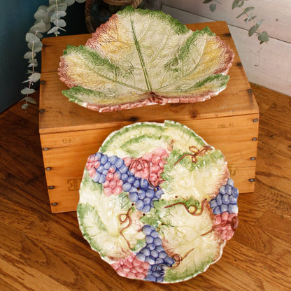 1950s French Vintage BARBOTINE Majolica Fruit Grapes & Vines Drainer Strainer Colander w/ Leave shaped Plate Egouttoir à Fruits