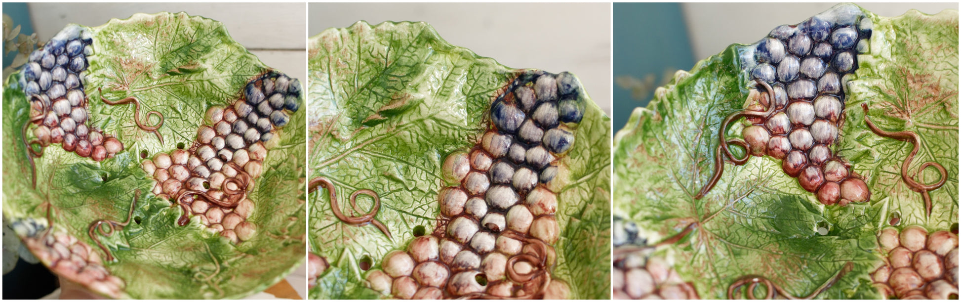 French Vintage Barbotine Majolica Style Fruit Drainer Strainer Colander Eqouttoir a Fruits en barbotine Egouttoir A Fruits Avec Son Assiette En Barbotine Decor Raisin Et Feulles.