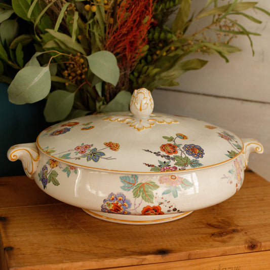 English Vintage Ironstone Polychrome Covered Serving Tureen Made in England 848