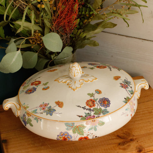 English Vintage Ironstone Polychrome Covered Serving Tureen Made in England 848