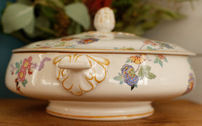 English Vintage Ironstone Polychrome Covered Serving Tureen Made in England 848