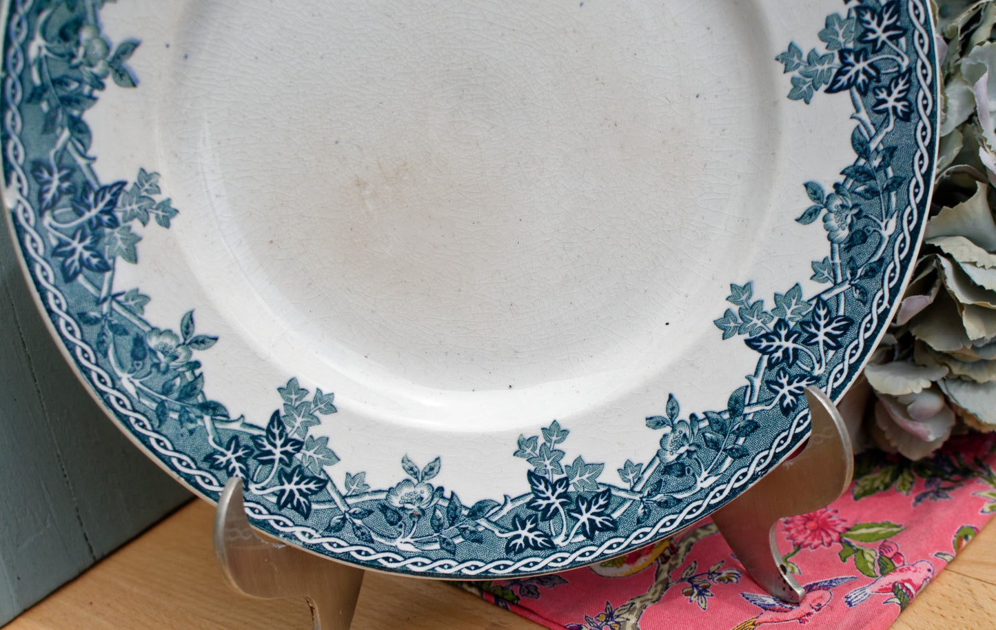 French Antique Ironstone Blue Transferware Footed Cake Plate Comptoir ESTIVAL MOULIN DES LOUPS HAMAGE NORD