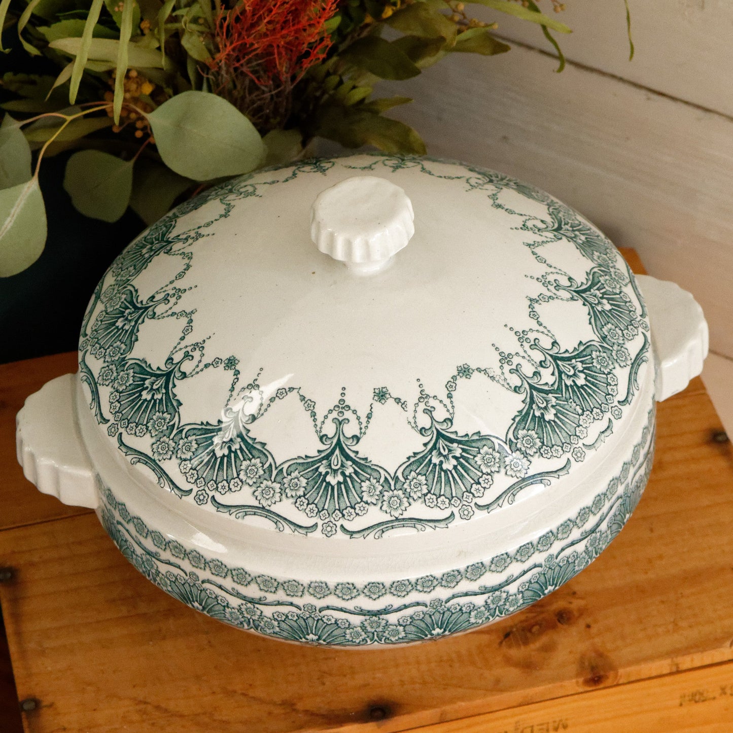 FANTAISIE Faïencerie de WASMUEL Auguste MOUZIN & cie (AMC) Belgian Antique Ironstone Green Blue Transferware Soup Tureen Soupiere Vegetable Dish Faience Terre de Fer