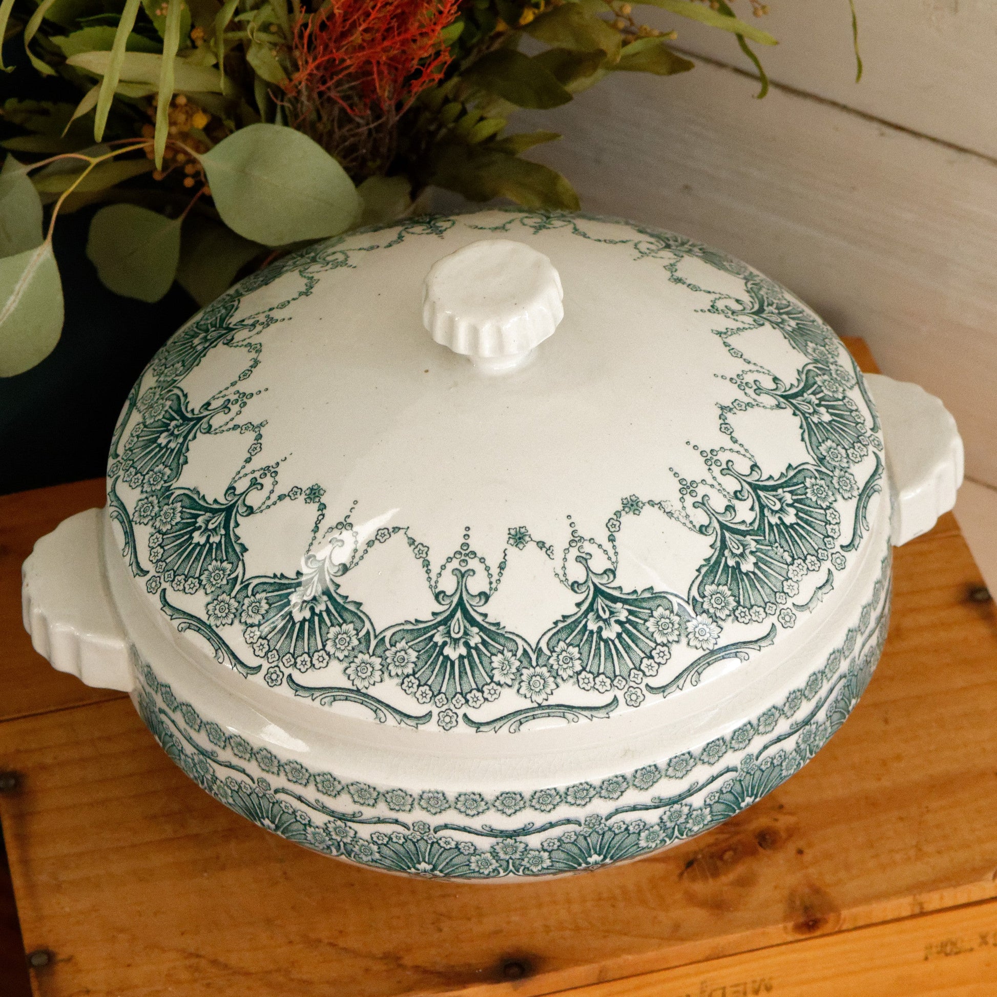 FANTAISIE Faïencerie de WASMUEL Auguste MOUZIN & cie (AMC) Belgian Antique Ironstone Green Blue Transferware Soup Tureen Soupiere Vegetable Dish Faience Terre de Fer