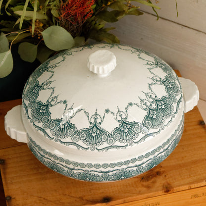FANTAISIE Faïencerie de WASMUEL Auguste MOUZIN & cie (AMC) Belgian Antique Ironstone Green Blue Transferware Soup Tureen Soupiere Vegetable Dish Faience Terre de Fer
