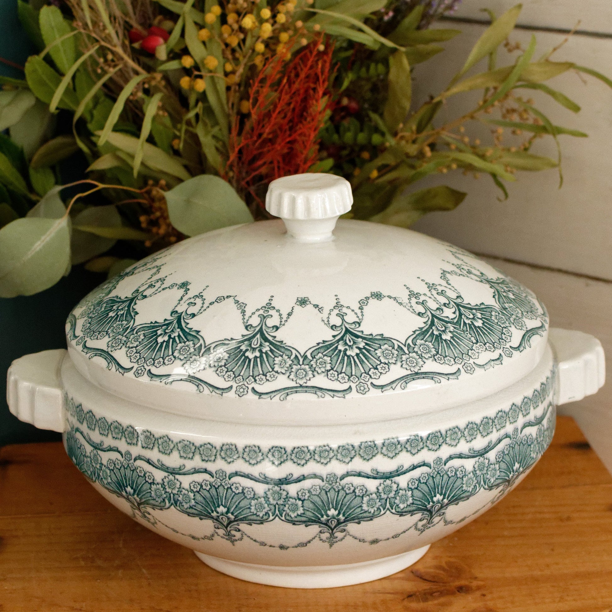 FANTAISIE Faïencerie de WASMUEL Auguste MOUZIN & cie (AMC) Belgian Antique Ironstone Green Blue Transferware Soup Tureen Soupiere Vegetable Dish Faience Terre de Fer
