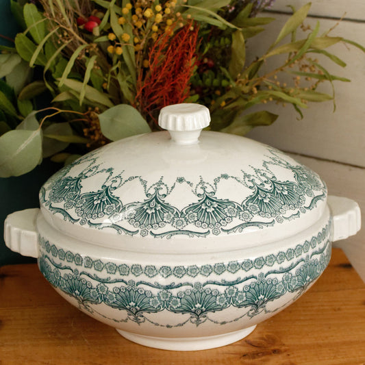 FANTAISIE Faïencerie de WASMUEL Auguste MOUZIN & cie (AMC) Belgian Antique Ironstone Green Blue Transferware Soup Tureen Soupiere Vegetable Dish Faience Terre de Fer