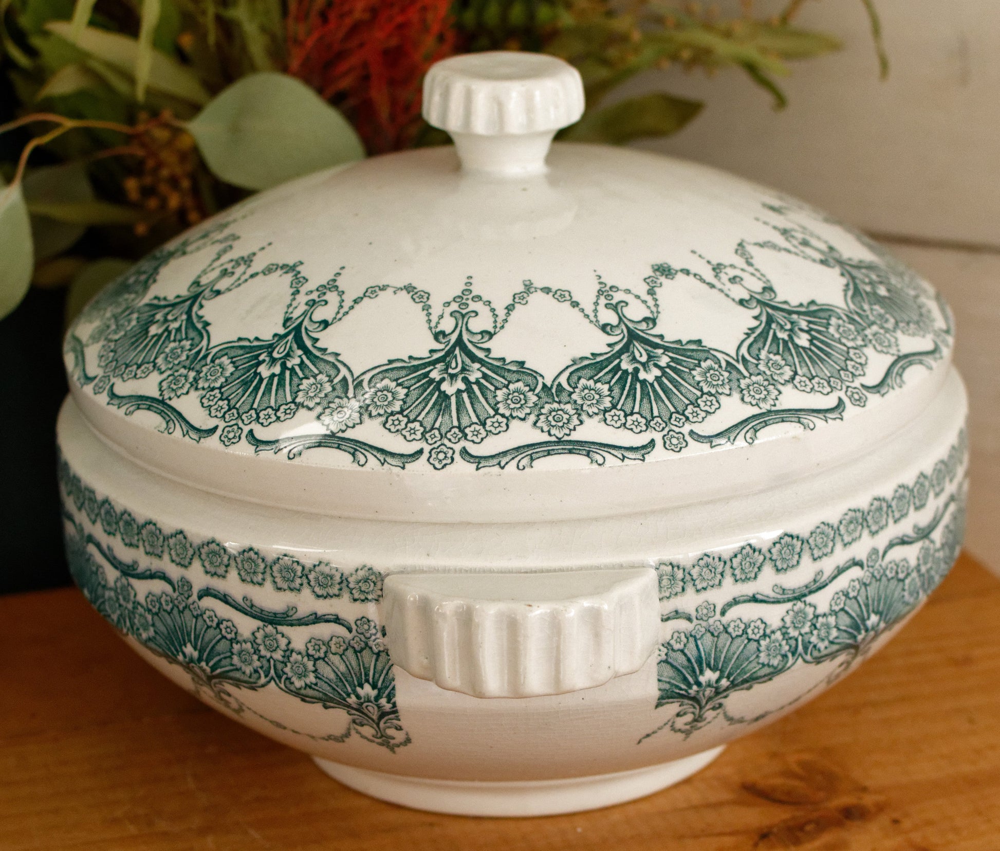 FANTAISIE Faïencerie de WASMUEL Auguste MOUZIN & cie (AMC) Belgian Antique Ironstone Green Blue Transferware Soup Tureen Soupiere Vegetable Dish Faience Terre de Fer
