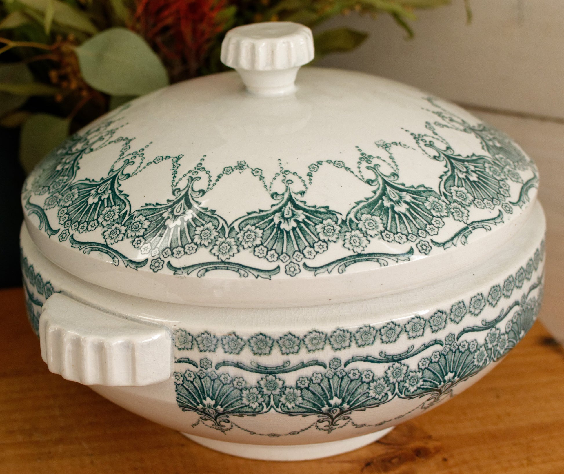 FANTAISIE Faïencerie de WASMUEL Auguste MOUZIN & cie (AMC) Belgian Antique Ironstone Green Blue Transferware Soup Tureen Soupiere Vegetable Dish Faience Terre de Fer