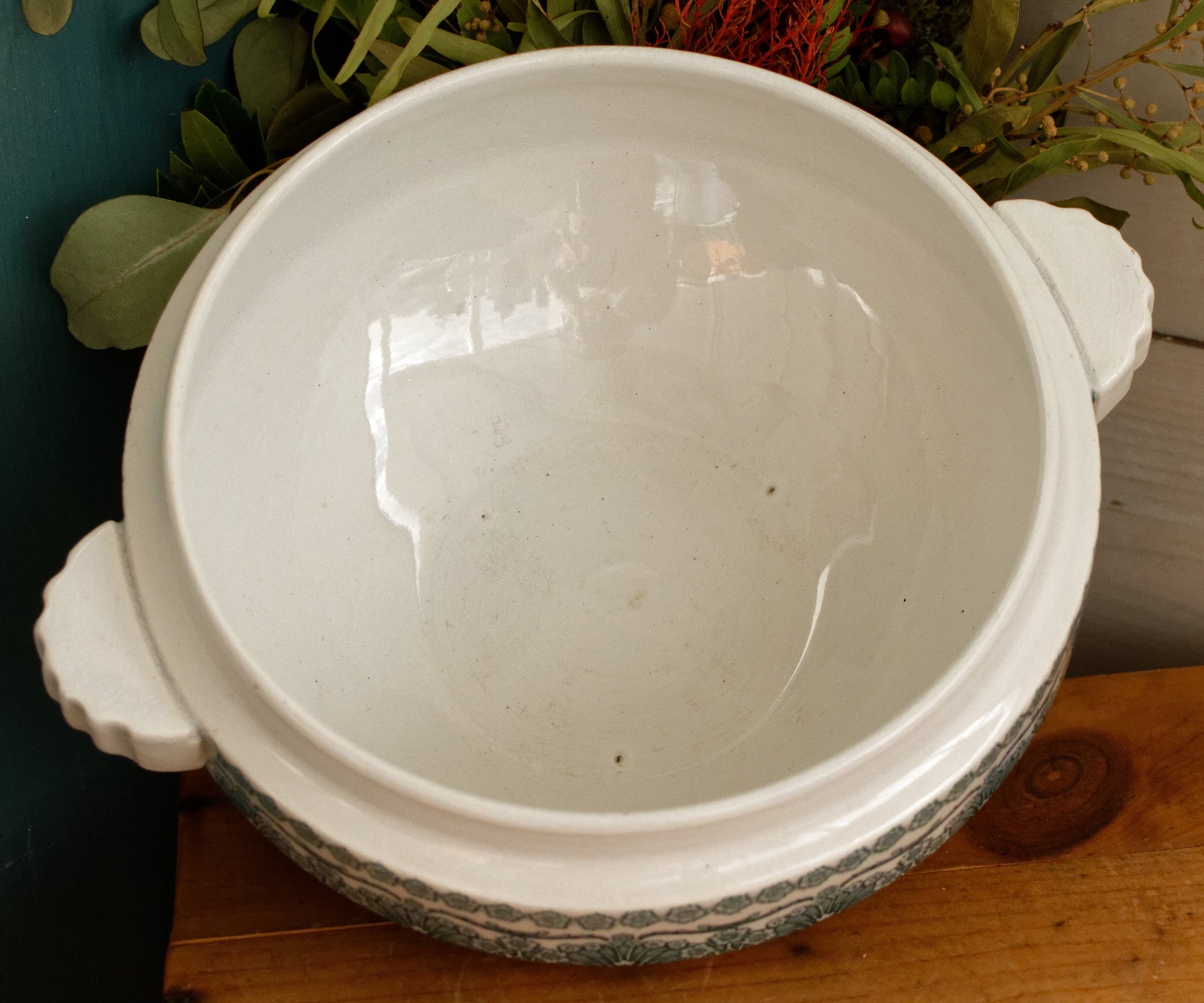 FANTAISIE Faïencerie de WASMUEL Auguste MOUZIN & cie (AMC) Belgian Antique Ironstone Green Blue Transferware Soup Tureen Soupiere Vegetable Dish Faience Terre de Fer