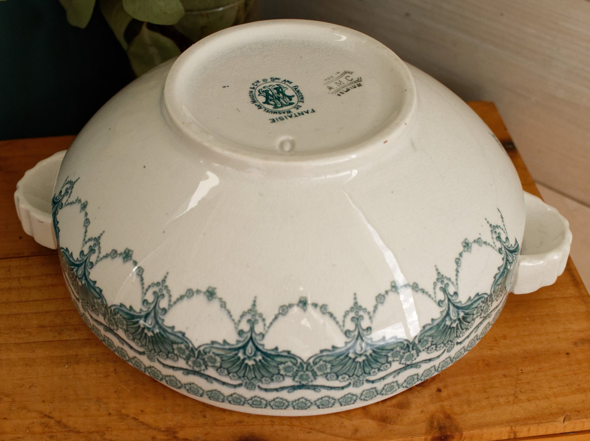 FANTAISIE Faïencerie de WASMUEL Auguste MOUZIN & cie (AMC) Belgian Antique Ironstone Green Blue Transferware Soup Tureen Soupiere Vegetable Dish Faience Terre de Fer