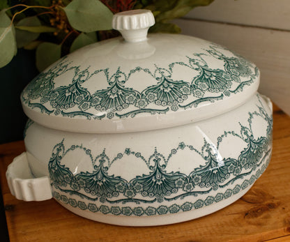FANTAISIE Faïencerie de WASMUEL Auguste MOUZIN & cie (AMC) Belgian Antique Ironstone Green Blue Transferware Soup Tureen Soupiere Vegetable Dish Faience Terre de Fer