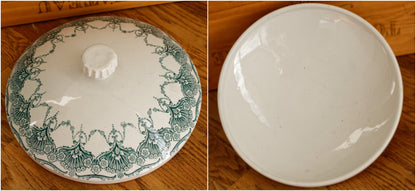 FANTAISIE Faïencerie de WASMUEL Auguste MOUZIN & cie (AMC) Belgian Antique Ironstone Green Blue Transferware Soup Tureen Soupiere Vegetable Dish Faience Terre de Fer